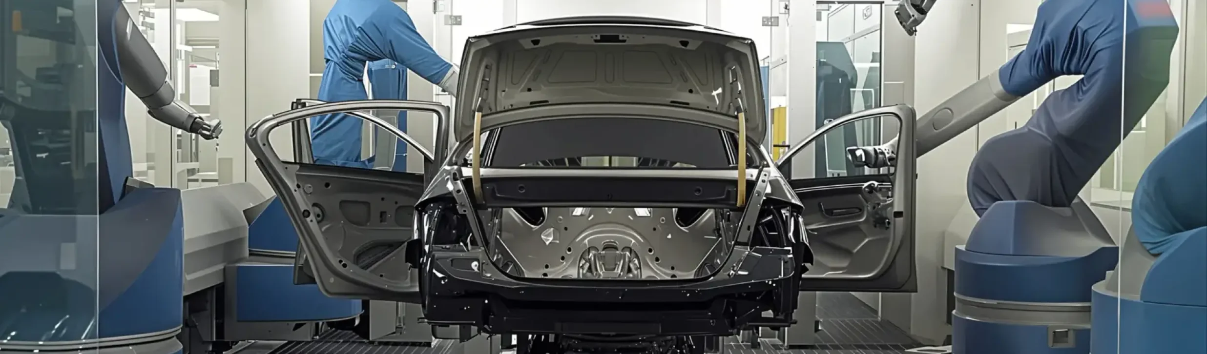 Industrieroboter lackiert Fahrzeugrahmen in Automobilproduktion